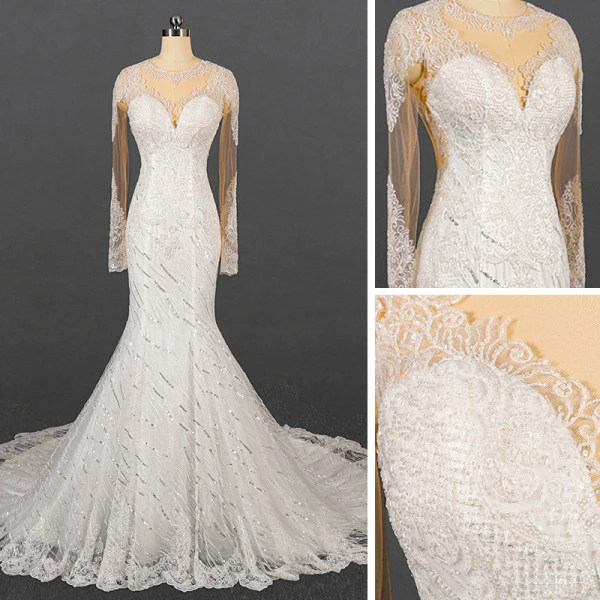 Luxury / Gorgeous Ivory See-through Bridal Wedding Dresses 2020 Trumpet / Mermaid Scoop Neck Long Sleeve Appliques Lace Beading Sequins Court Train Ruffle