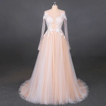 High End Champagne Bridal Wedding Dresses 2020 A Line Princess See Through Scoop Neck Long Sleeve Appliques Lace Beading Pearl Sweep Train Ruffle