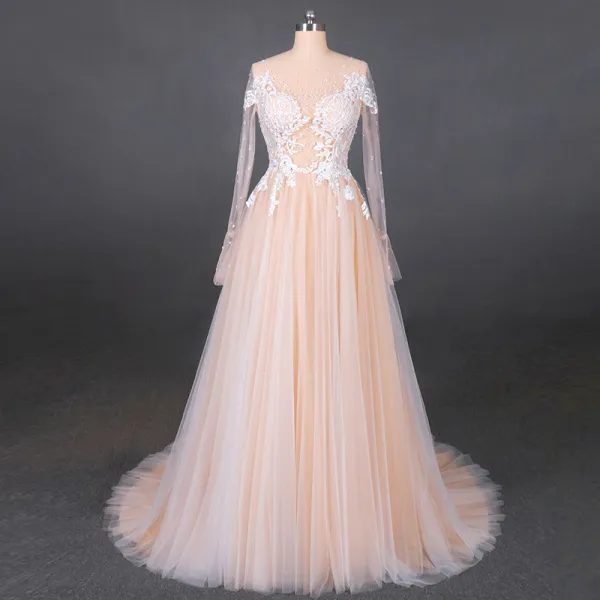 Elegant A-line Lace Neck Pierced Design 3/4 Sleeves Sash Champagne Organza  Wedding Dress