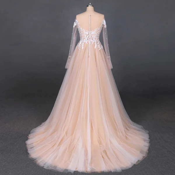 High-end Champagne Bridal Wedding Dresses 2020 A-Line / Princess See-through Scoop Neck Long Sleeve Appliques Lace Beading Pearl Sweep Train Ruffle