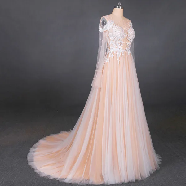 High-end Champagne Bridal Wedding Dresses 2020 A-Line / Princess See-through Scoop Neck Long Sleeve Appliques Lace Beading Pearl Sweep Train Ruffle