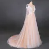 High-end Champagne Brud Bröllopsklänningar 2020 Prinsessa Genomskinliga Urringning Långärmad Appliqués Spets Beading Pärla Svep Tåg Ruffle