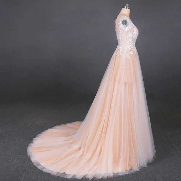 High-end Champagne Bridal Wedding Dresses 2020 A-Line / Princess See-through Scoop Neck Long Sleeve Appliques Lace Beading Pearl Sweep Train Ruffle