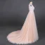 High-end Champagne Bridal Wedding Dresses 2020 A-Line / Princess See-through Scoop Neck Long Sleeve Appliques Lace Beading Pearl Sweep Train Ruffle
