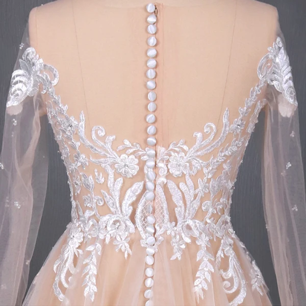High-end Champagne Bridal Wedding Dresses 2020 A-Line / Princess See-through Scoop Neck Long Sleeve Appliques Lace Beading Pearl Sweep Train Ruffle