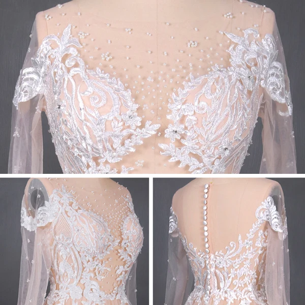High-end Champagne Bridal Wedding Dresses 2020 A-Line / Princess See-through Scoop Neck Long Sleeve Appliques Lace Beading Pearl Sweep Train Ruffle