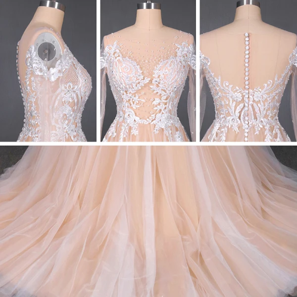 High-end Champagne Bridal Wedding Dresses 2020 A-Line / Princess See-through Scoop Neck Long Sleeve Appliques Lace Beading Pearl Sweep Train Ruffle