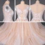 High-end Champagne Bridal Wedding Dresses 2020 A-Line / Princess See-through Scoop Neck Long Sleeve Appliques Lace Beading Pearl Sweep Train Ruffle