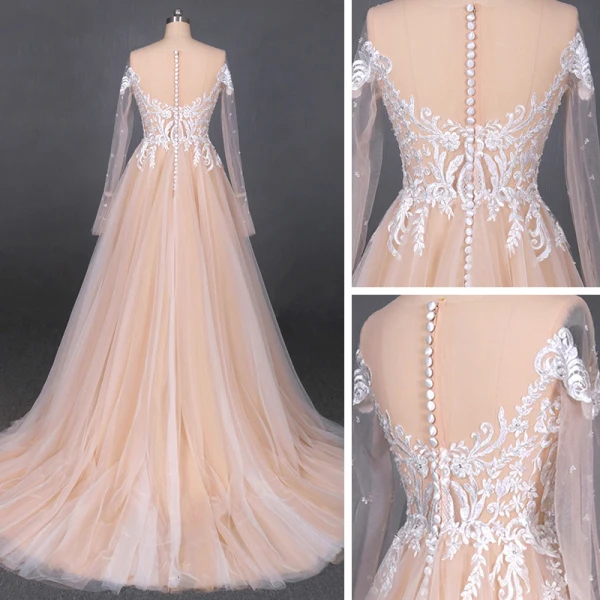 High-end Champagne Bridal Wedding Dresses 2020 A-Line / Princess See-through Scoop Neck Long Sleeve Appliques Lace Beading Pearl Sweep Train Ruffle