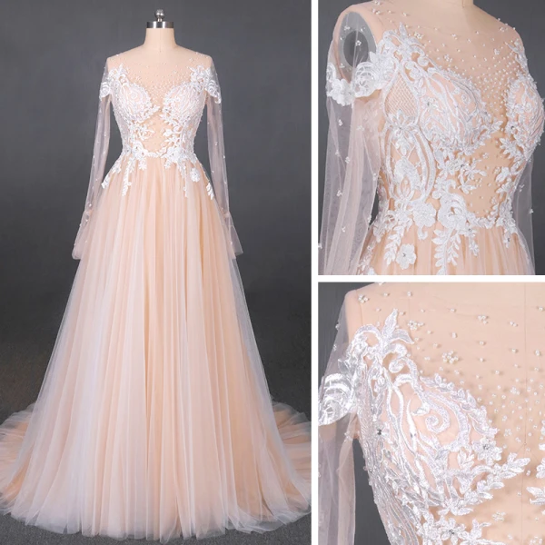 High-end Champagne Bridal Wedding Dresses 2020 A-Line / Princess See-through Scoop Neck Long Sleeve Appliques Lace Beading Pearl Sweep Train Ruffle