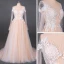High-end Champagne Bridal Wedding Dresses 2020 A-Line / Princess See-through Scoop Neck Long Sleeve Appliques Lace Beading Pearl Sweep Train Ruffle