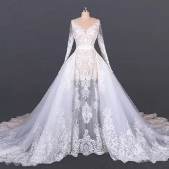 Luxe Blanche Plage Été Transparentes Robe De Mariée 2020 Robe Boule Encolure Dégagée Manches Longues Appliques En Dentelle Cathedral Train Volants