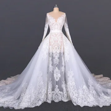 Luxury Gorgeous White Beach Summer See Through Wedding Dresses 2020 Ball Gown Scoop Neck Long Sleeve Appliques Lace Cathedral Train Ruffle