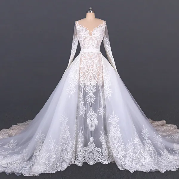 Luxury / Gorgeous White Beach Summer See-through Wedding Dresses 2020 Ball Gown Scoop Neck Long Sleeve Appliques Lace Cathedral Train Ruffle