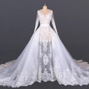 Luxury Gorgeous White Beach Summer See Through Wedding Dresses 2020 Ball Gown Scoop Neck Long Sleeve Appliques Lace Cathedral Train Ruffle