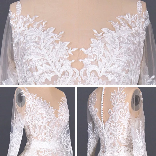 Luxe Blanche Plage Été Transparentes Robe De Mariée 2020 Robe Boule Encolure Dégagée Manches Longues Appliques En Dentelle Cathedral Train Volants