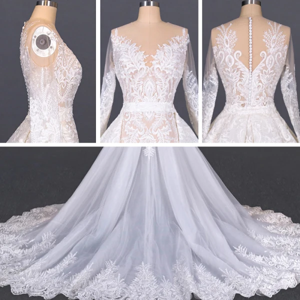 Luxe Blanche Plage Été Transparentes Robe De Mariée 2020 Robe Boule Encolure Dégagée Manches Longues Appliques En Dentelle Cathedral Train Volants