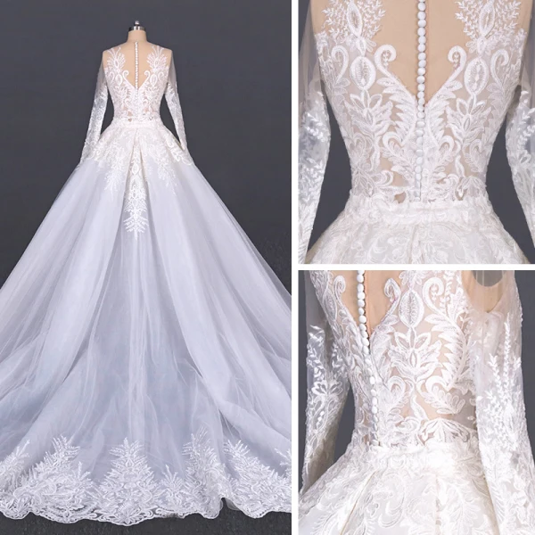 Luxe Blanche Plage Été Transparentes Robe De Mariée 2020 Robe Boule Encolure Dégagée Manches Longues Appliques En Dentelle Cathedral Train Volants