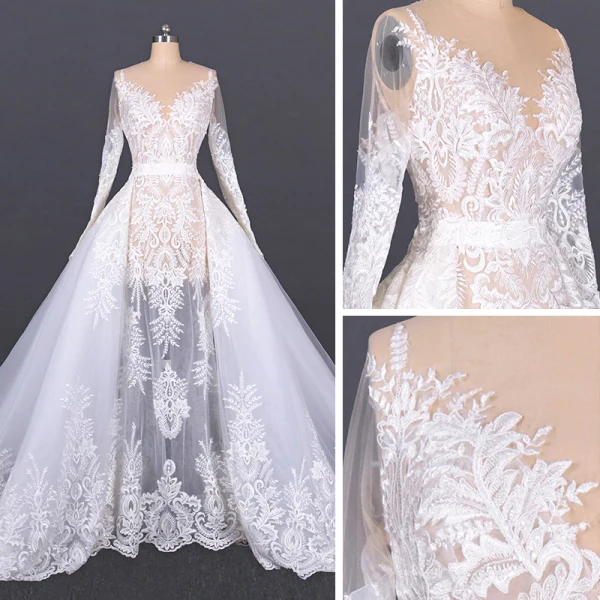 Luxe Blanche Plage Été Transparentes Robe De Mariée 2020 Robe Boule Encolure Dégagée Manches Longues Appliques En Dentelle Cathedral Train Volants