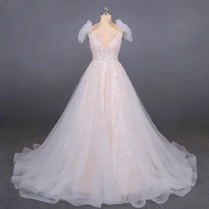High End Champagne Bruids Trouwjurken 2020 Baljurk Schouders Strik V Hals Mouwloos Ruglooze Appliques Kant Kralen Glans Tule Rechter Trein Ruche