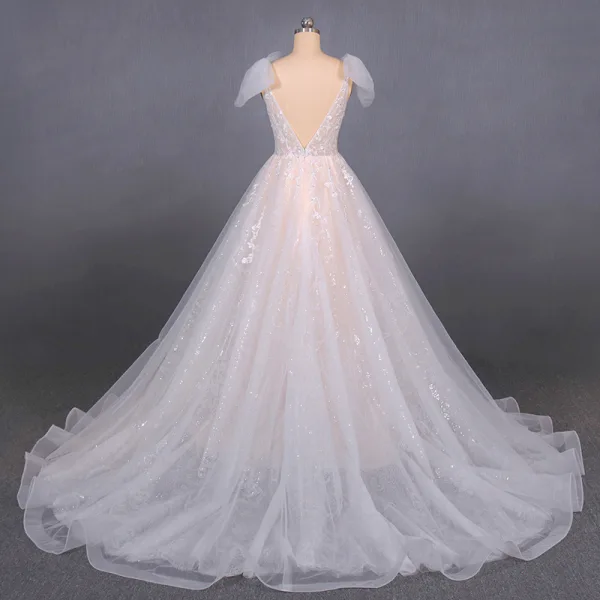 High-end Champagne Bridal Wedding Dresses 2020 Ball Gown Shoulders Bow V-Neck Sleeveless Backless Appliques Lace Beading Glitter Tulle Court Train Ruffle