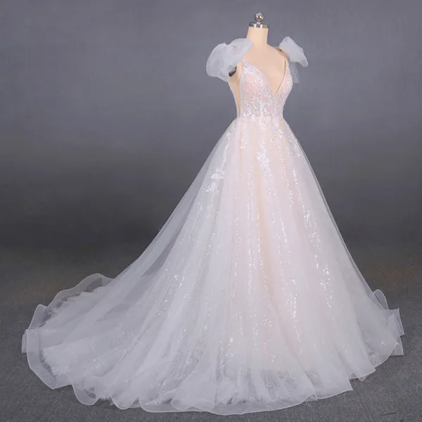 High-end Champagne Bridal Wedding Dresses 2020 Ball Gown Shoulders Bow V-Neck Sleeveless Backless Appliques Lace Beading Glitter Tulle Court Train Ruffle