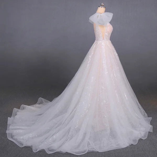 High-end Champagne Bridal Wedding Dresses 2020 Ball Gown Shoulders Bow V-Neck Sleeveless Backless Appliques Lace Beading Glitter Tulle Court Train Ruffle