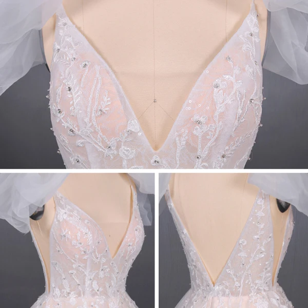 High-end Champagne Bridal Wedding Dresses 2020 Ball Gown Shoulders Bow V-Neck Sleeveless Backless Appliques Lace Beading Glitter Tulle Court Train Ruffle