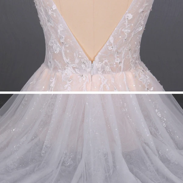High-end Champagne Bridal Wedding Dresses 2020 Ball Gown Shoulders Bow V-Neck Sleeveless Backless Appliques Lace Beading Glitter Tulle Court Train Ruffle