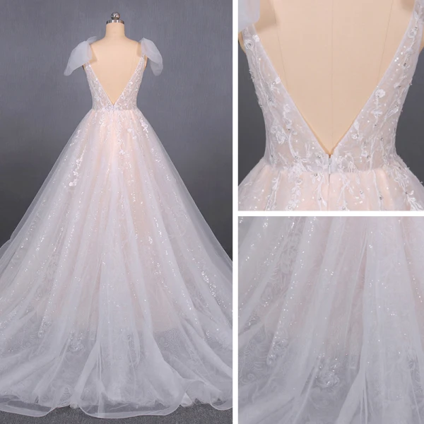 High-end Champagne Bridal Wedding Dresses 2020 Ball Gown Shoulders Bow V-Neck Sleeveless Backless Appliques Lace Beading Glitter Tulle Court Train Ruffle