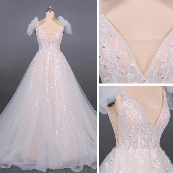 High-end Champagne Bridal Wedding Dresses 2020 Ball Gown Shoulders Bow V-Neck Sleeveless Backless Appliques Lace Beading Glitter Tulle Court Train Ruffle