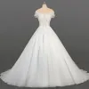 Elegant Ivory Bridal Wedding Dresses 2020 Ball Gown See-through Scoop Neck Short Sleeve Appliques Lace Sequins Beading Glitter Tulle Chapel Train Ruffle