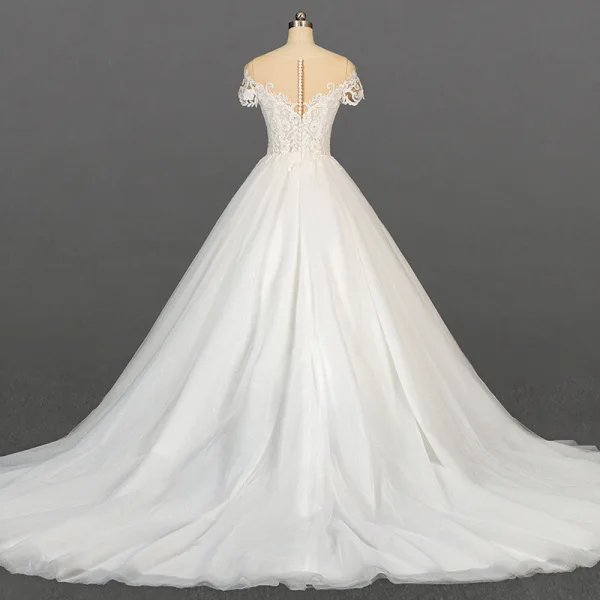 Elegant Ivory Bridal Wedding Dresses 2020 Ball Gown See-through Scoop Neck Short Sleeve Appliques Lace Sequins Beading Glitter Tulle Chapel Train Ruffle