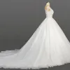 Elegant Ivory Bridal Wedding Dresses 2020 Ball Gown See-through Scoop Neck Short Sleeve Appliques Lace Sequins Beading Glitter Tulle Chapel Train Ruffle