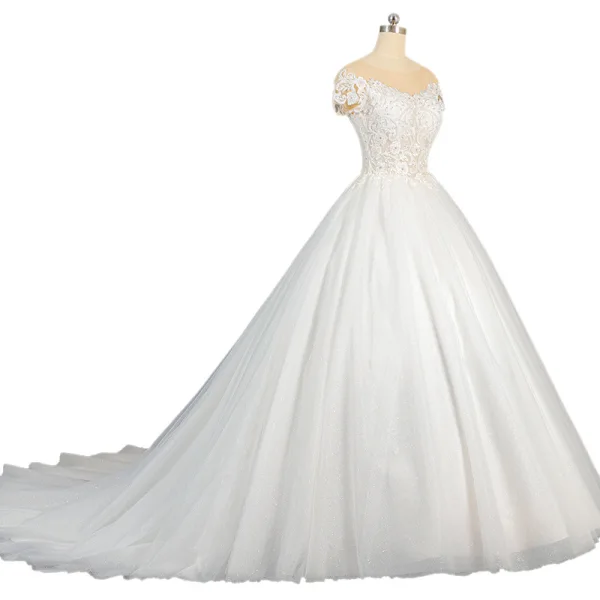 Elegant Ivory Bridal Wedding Dresses 2020 Ball Gown See-through Scoop Neck Short Sleeve Appliques Lace Sequins Beading Glitter Tulle Chapel Train Ruffle