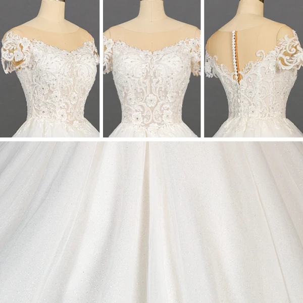 Elegant Ivory Bridal Wedding Dresses 2020 Ball Gown See-through Scoop Neck Short Sleeve Appliques Lace Sequins Beading Glitter Tulle Chapel Train Ruffle