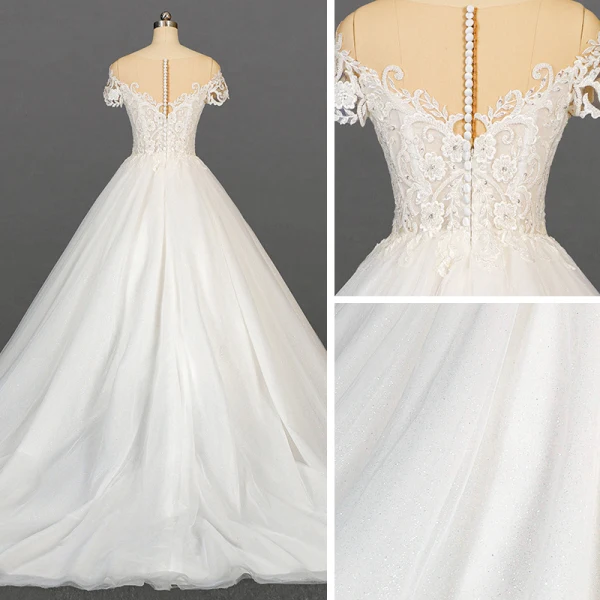 Elegant Ivory Bridal Wedding Dresses 2020 Ball Gown See-through Scoop Neck Short Sleeve Appliques Lace Sequins Beading Glitter Tulle Chapel Train Ruffle