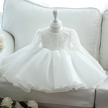 Chic Belle Blanche Organza Robe Ceremonie Fille 2020 Robe Boule Encolure Dégagée Manches Longues Appliques En Dentelle Perlage Noeud Courte Volants Robe Pour Mariage