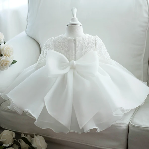 Chic / Beautiful White Organza Flower Girl Dresses 2020 Ball Gown Scoop Neck Long Sleeve Appliques Lace Beading Bow Short Ruffle Wedding Party Dresses