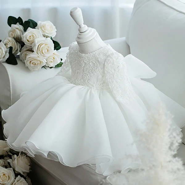 Chic / Beautiful White Organza Flower Girl Dresses 2020 Ball Gown Scoop Neck Long Sleeve Appliques Lace Beading Bow Short Ruffle Wedding Party Dresses