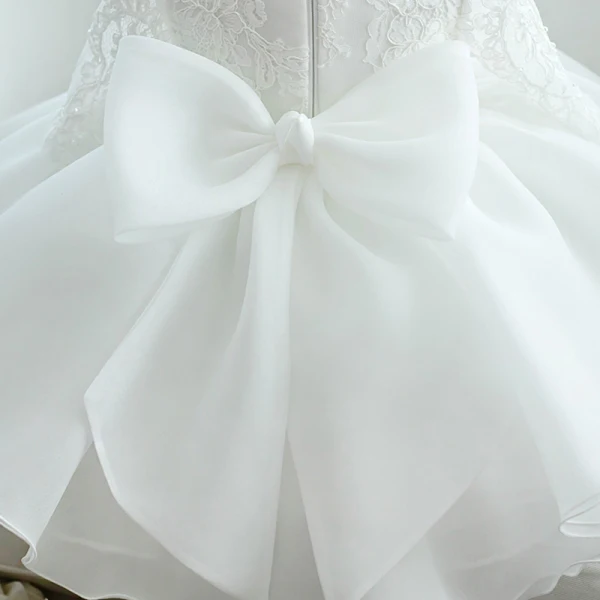 Chic / Beautiful White Organza Flower Girl Dresses 2020 Ball Gown Scoop Neck Long Sleeve Appliques Lace Beading Bow Short Ruffle Wedding Party Dresses