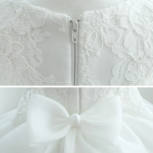 Chic / Beautiful White Organza Flower Girl Dresses 2020 Ball Gown Scoop Neck Long Sleeve Appliques Lace Beading Bow Short Ruffle Wedding Party Dresses