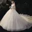 Romantic Champagne Bridal Wedding Dresses 2020 Ball Gown See-through Scoop Neck Long Sleeve Backless Beading Sequins Glitter Tulle Cathedral Train Ruffle