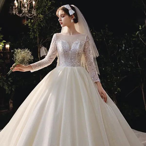Romantic Champagne Bridal Wedding Dresses 2020 Ball Gown See-through Scoop Neck Long Sleeve Backless Beading Sequins Glitter Tulle Cathedral Train Ruffle