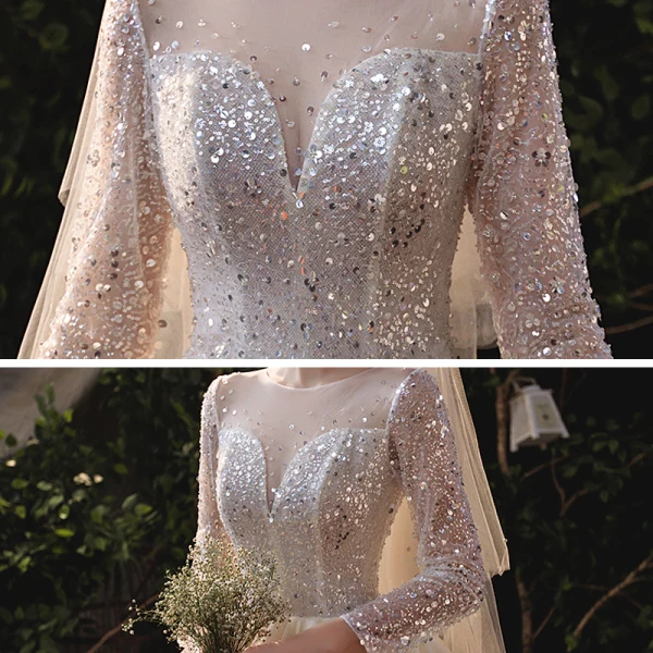Romantic Champagne Bridal Wedding Dresses 2020 Ball Gown See-through Scoop Neck Long Sleeve Backless Beading Sequins Glitter Tulle Cathedral Train Ruffle