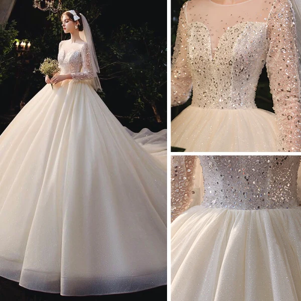 Romantic Champagne Bridal Wedding Dresses 2020 Ball Gown See-through Scoop Neck Long Sleeve Backless Beading Sequins Glitter Tulle Cathedral Train Ruffle