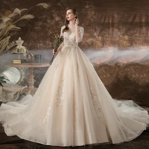 Vintage Retro Champagne See Through Bridal Wedding Dresses 2020 Ball Gown High Neck 1 2 Sleeves Backless Appliques Lace Beading Sequins Cathedral Train Ruffle