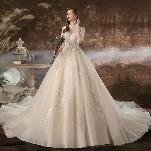Vintage / Retro Champagne See-through Bridal Wedding Dresses 2020 Ball Gown High Neck 1/2 Sleeves Backless Appliques Lace Beading Sequins Cathedral Train Ruffle