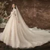 Vintage / Retro Champagne See-through Bridal Wedding Dresses 2020 Ball Gown High Neck 1/2 Sleeves Backless Appliques Lace Beading Sequins Cathedral Train Ruffle