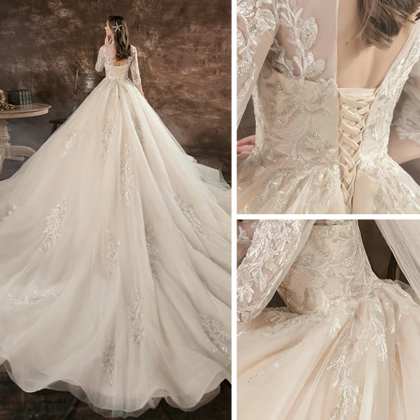 Vintage / Originale Champagne Transparentes La Mariée Robe De Mariée 2020 Robe Boule Col Haut 1/2 Manches Dos Nu Appliques En Dentelle Perlage Paillettes Cathedral Train Volants
